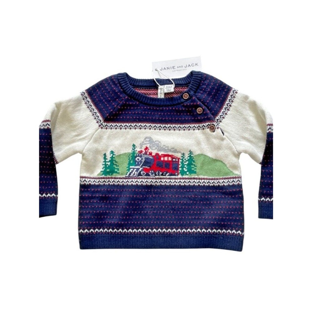 NWT Janie and Jack Fair Isle Holiday Sweater Navy Blue Train Size 12-18 Months